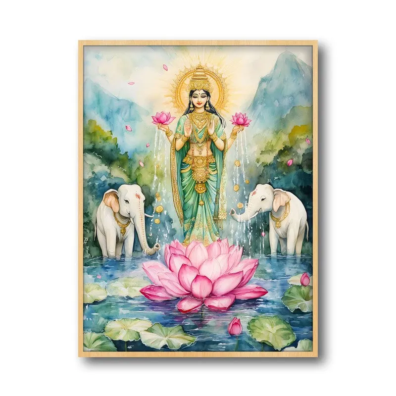 Divine Gaja Lakshmi Spiritual Archival Paper Wall Painting - Natural Brown Frame media 5