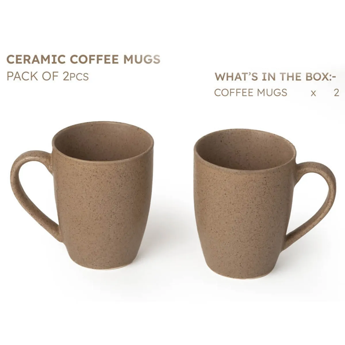 Pair of brown speckled ceramic coffee mugs shown together