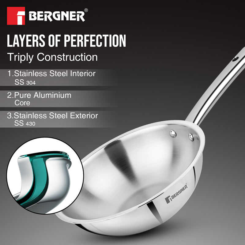 Bergner Tripro Triply Stainless Steel Wok With Lid - 2800 ML image 4
