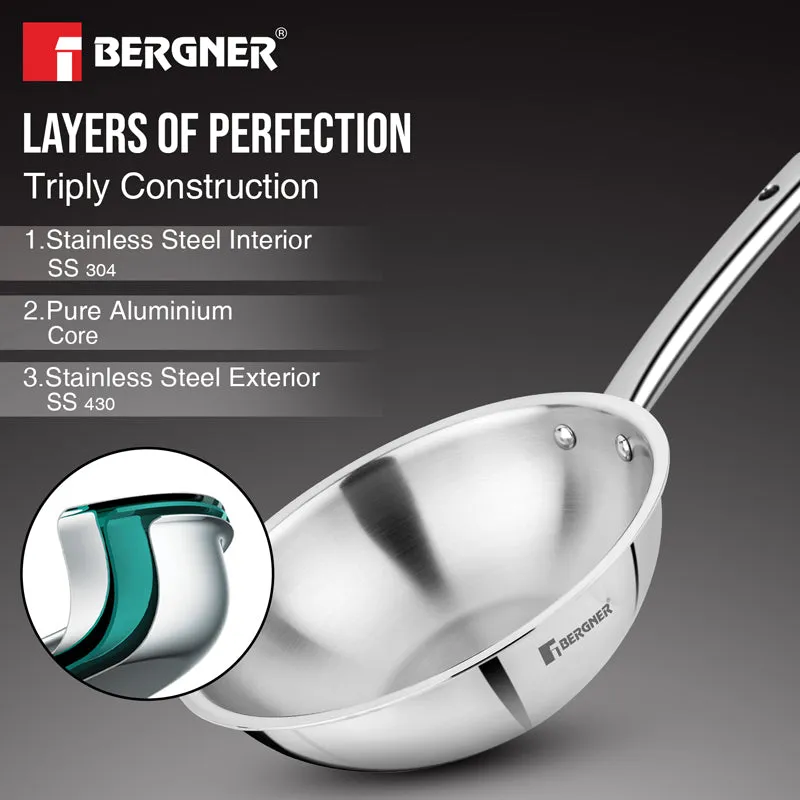 Bergner Tripro Triply Stainless Steel Wok With Lid - 2800 ML media 4