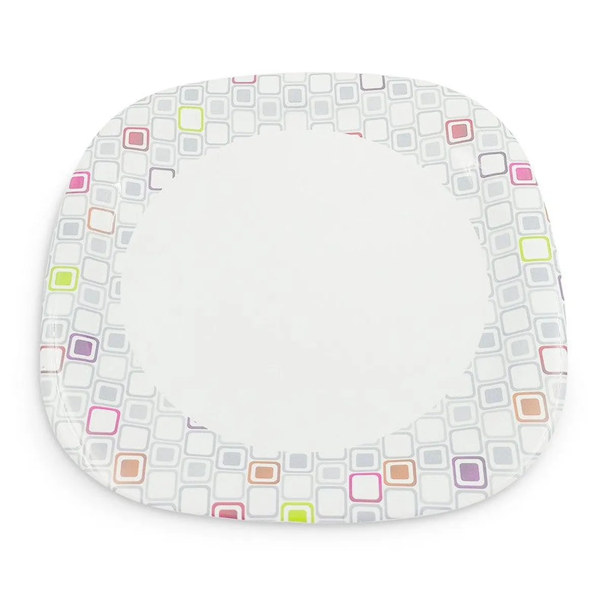 Close-up of a square quarter plate with a colourful geometric border