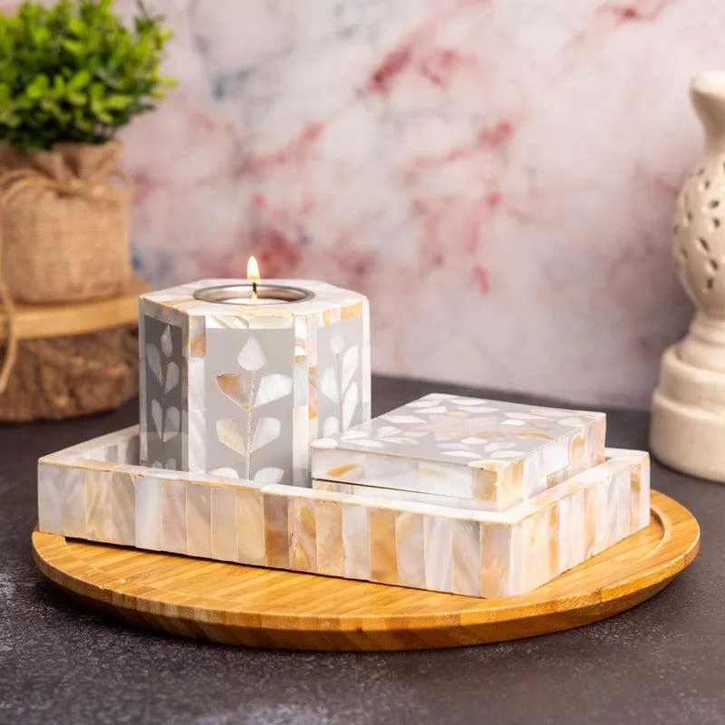Vidya Mother Of Pearl Candle Holder With Tray media 1