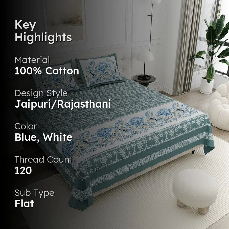 Ethnic Classic Cotton Bedsheet (Blue,White) - 120 TC media 2