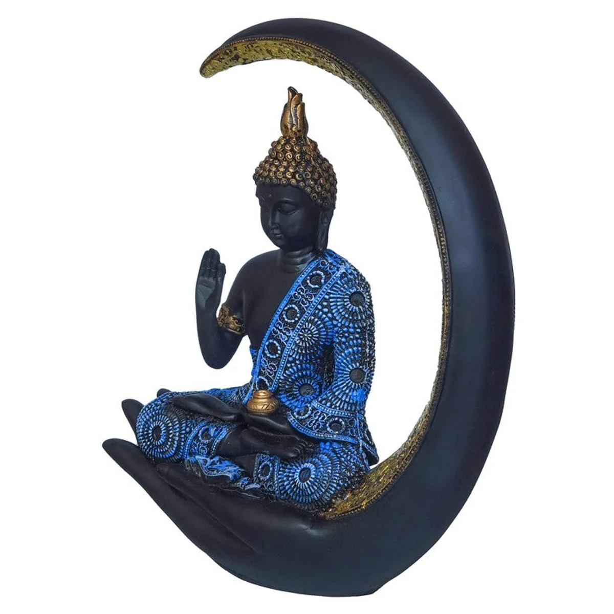 Side profile of Buddha idol seated inside a curved crescent form