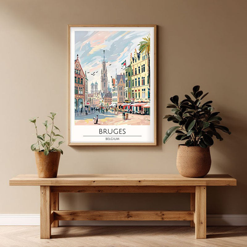 Vintage Bruges Framed Canvas Archival Canvas Wall Painting - Natural Brown Frame