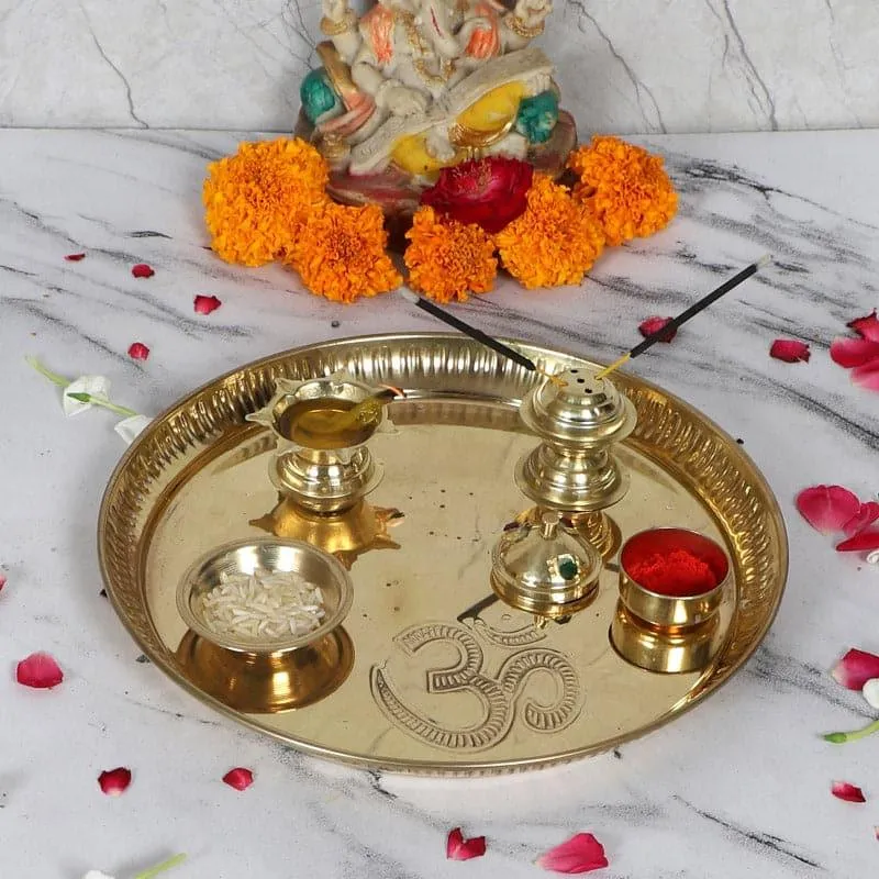 Om Sacred Pooja Brass Thali Set - Five Piece Set media 1