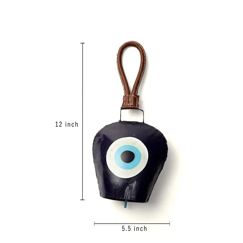 Black metal hanging bell shown with its blue and white eye motif