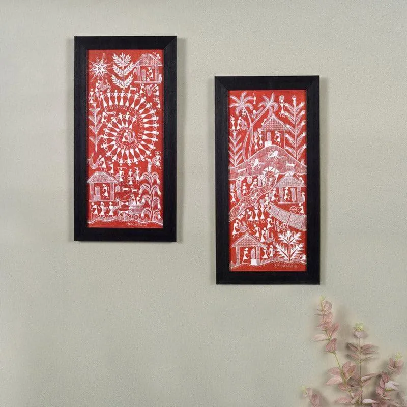 Barasi Warli Canvas Wall Art - Set Of Two media 1