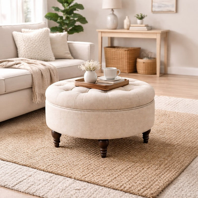 SereneSeat Teak Wood Ottomans & Pouffe - Beige
