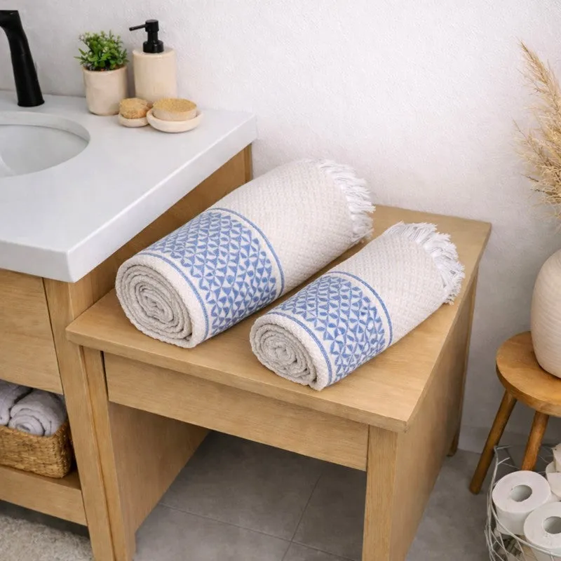 MosacStrip Cotton Bath Towel (Blue & White) - Set Of Two media 1
