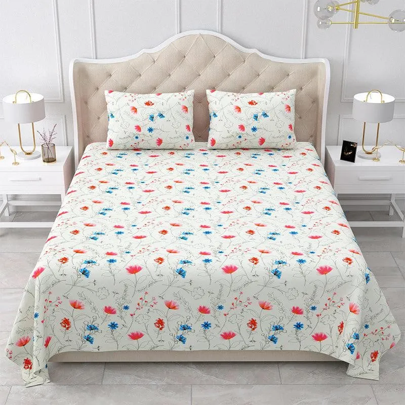 Silene Floral Cotton Bedsheet (Red,Blue) - 180 TC media 1