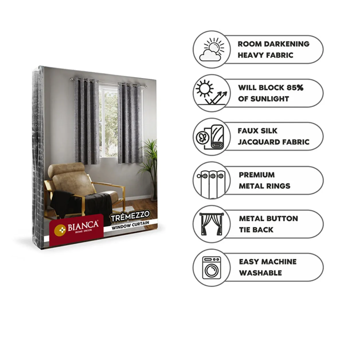 Packaged grey window curtain shown beside feature icons