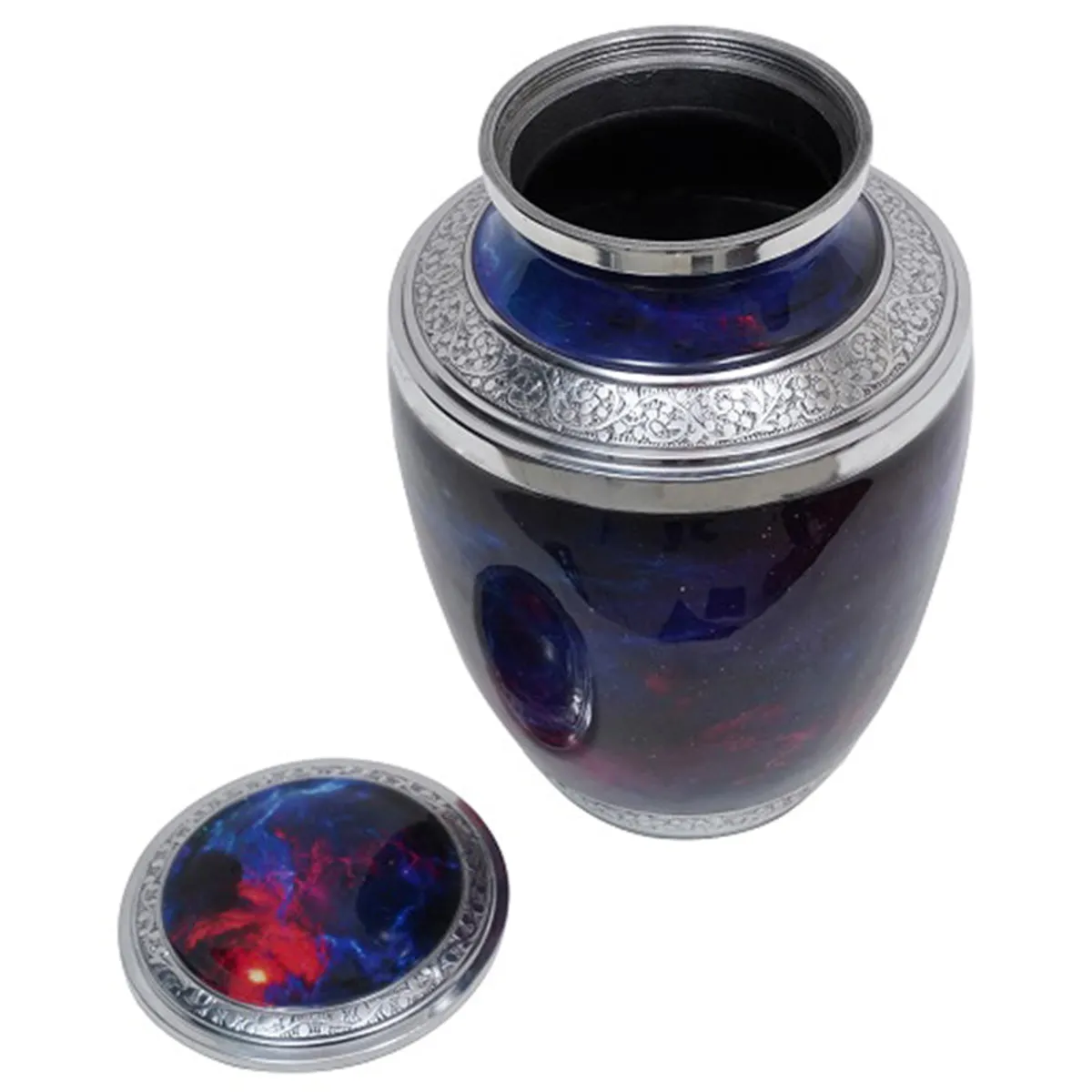 Open blue urn vase with matching lid placed beside it