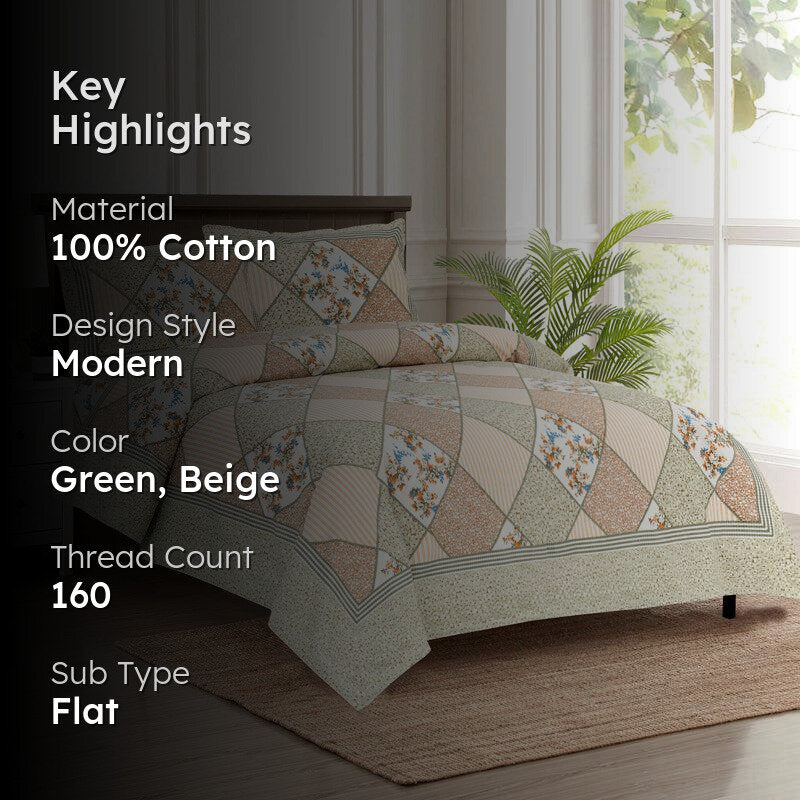 Kedari Cotton Bedsheet (Green,Beige) - 160 TC media 2