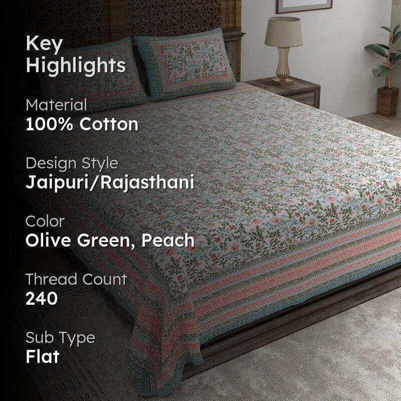 Aurava Cotton Bedsheet (Olive Green,Peach) - 240 TC media 2