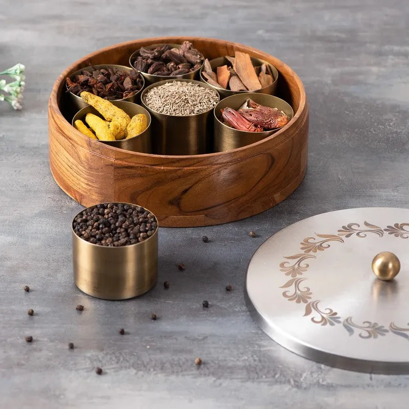 Rootra Teak Wood Round Masala Box - Three Piece Set media 4