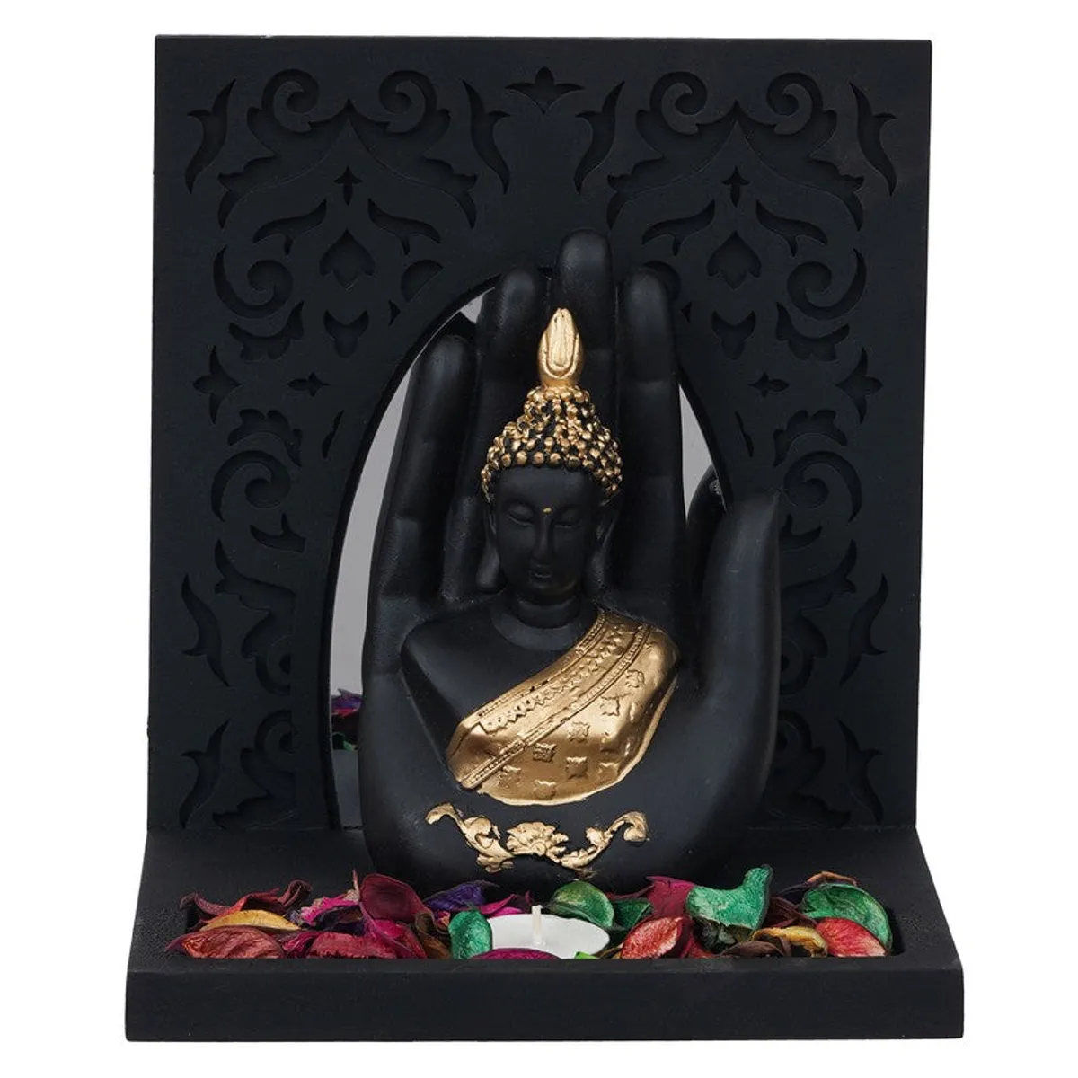 Front studio view of Buddha tea light candle holder in black and gold