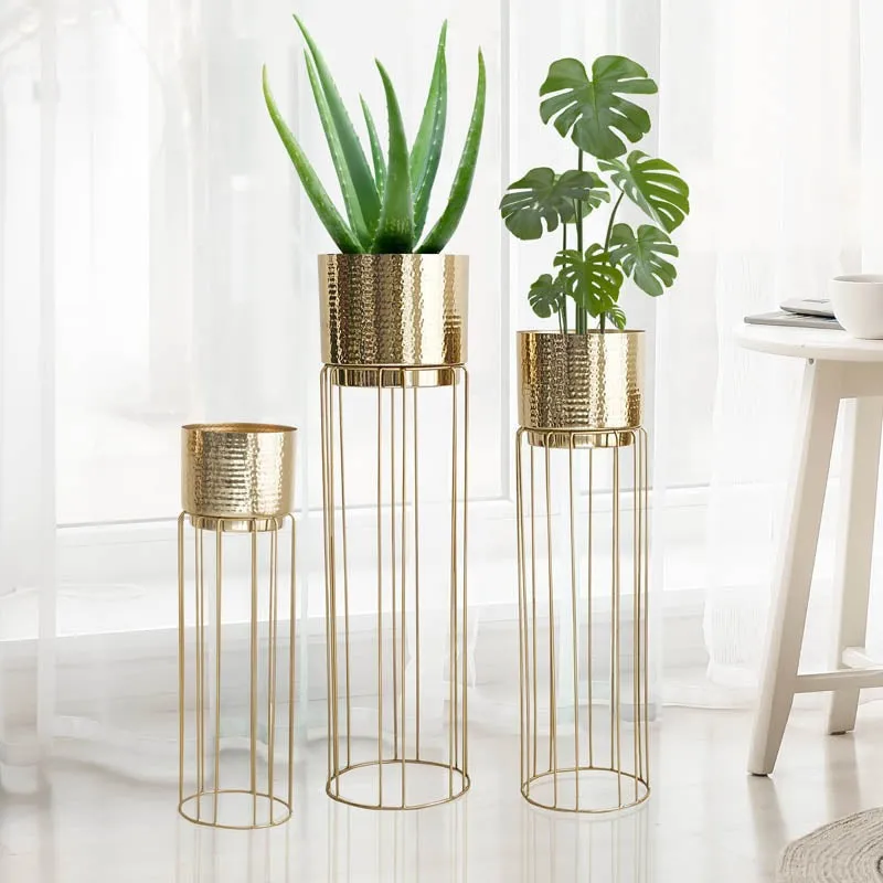 Regal Hammered Metal Planters With Tall Stands - Set Of Three media 1