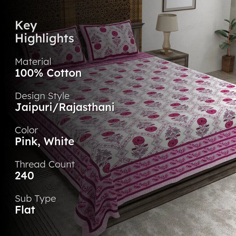 Vineen Cotton Bedsheet (Pink,White) - 240 TC media 2