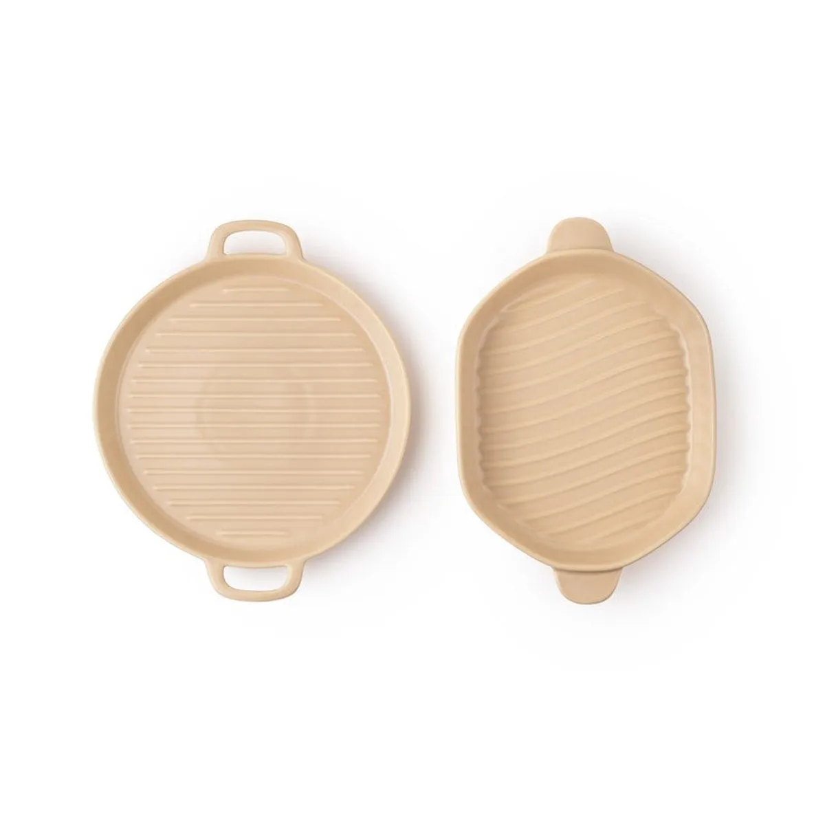 Top view of round and hexagon ivory platters with raised ridges