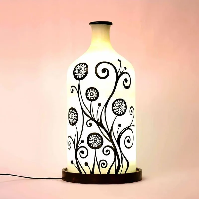 Swirl Art Hand Painted Glass Table Lamp - White,Black media 1
