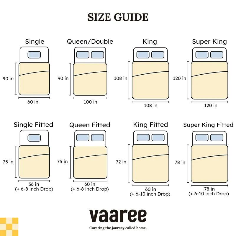 Size guide illustration showing bed dimensions for multiple bedding sizes