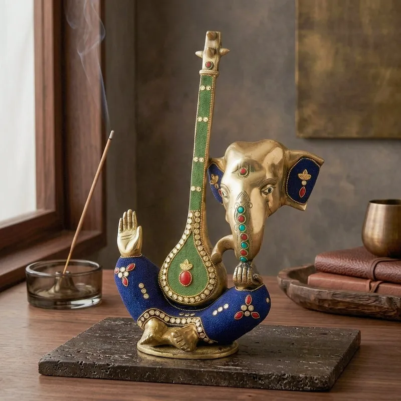 Ganesha With Veena Brass Idol media 4