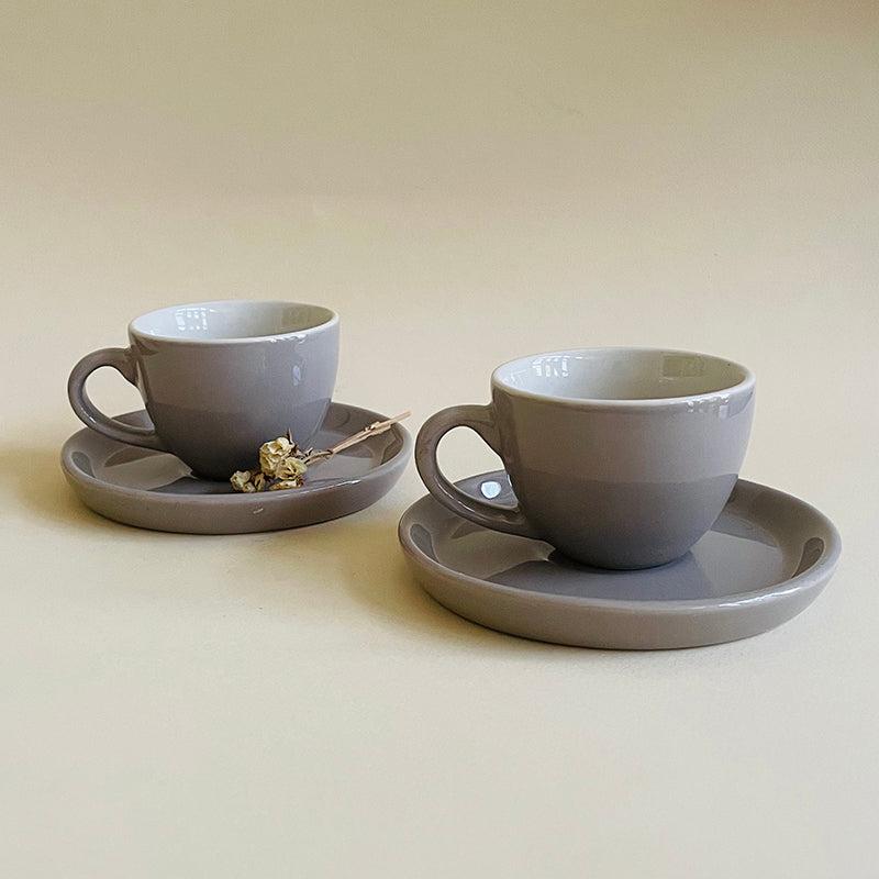 Blush & Brew Ceramic Cup & Saucer (Grey/100 mL) - Four Piece Set