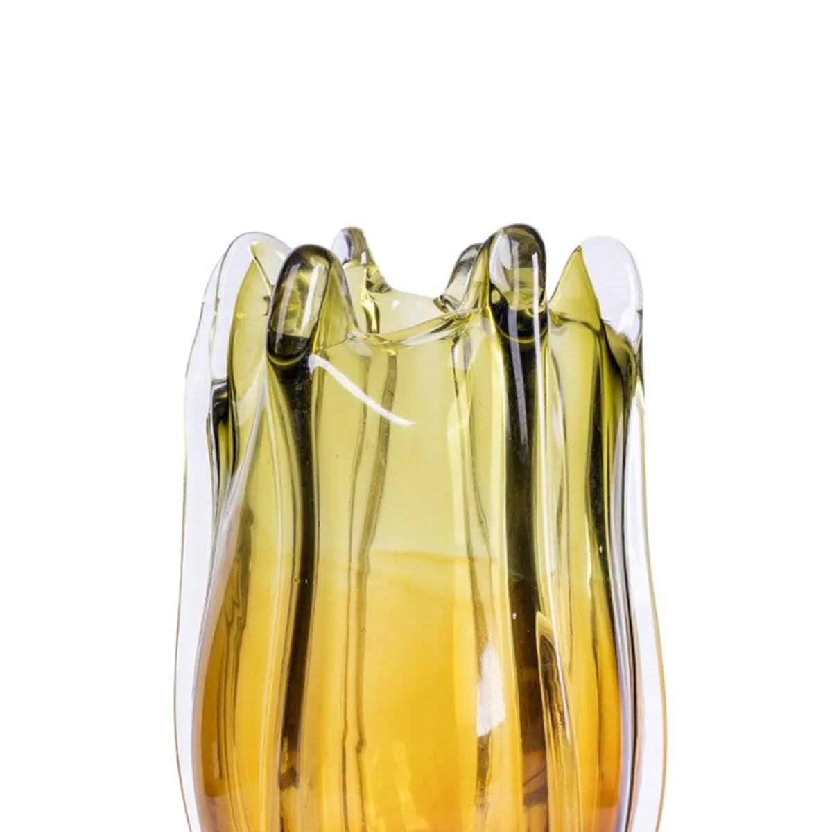 Close-up upper view of the free-form rim on a green and gold ombre vase.