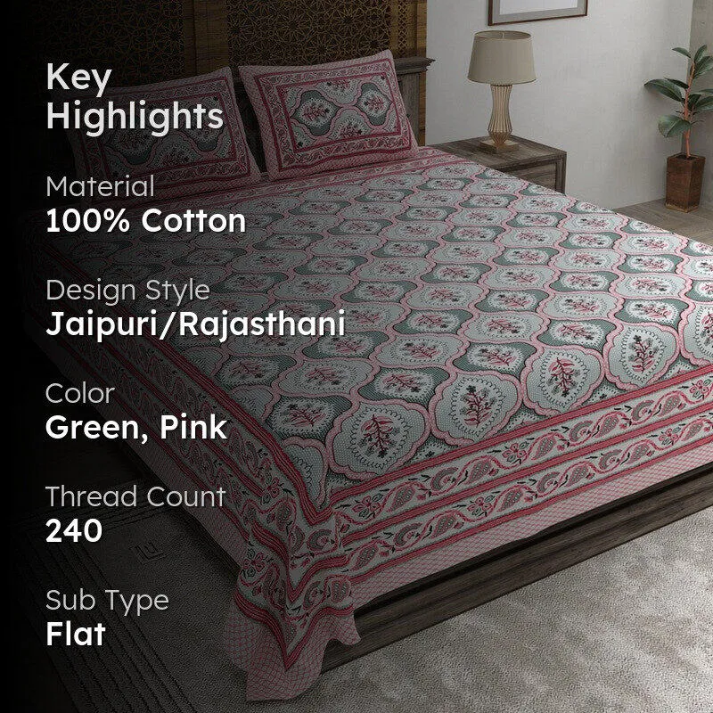 Rango Cotton Bedsheet (Dark Green,Pink) - 240 TC media 2