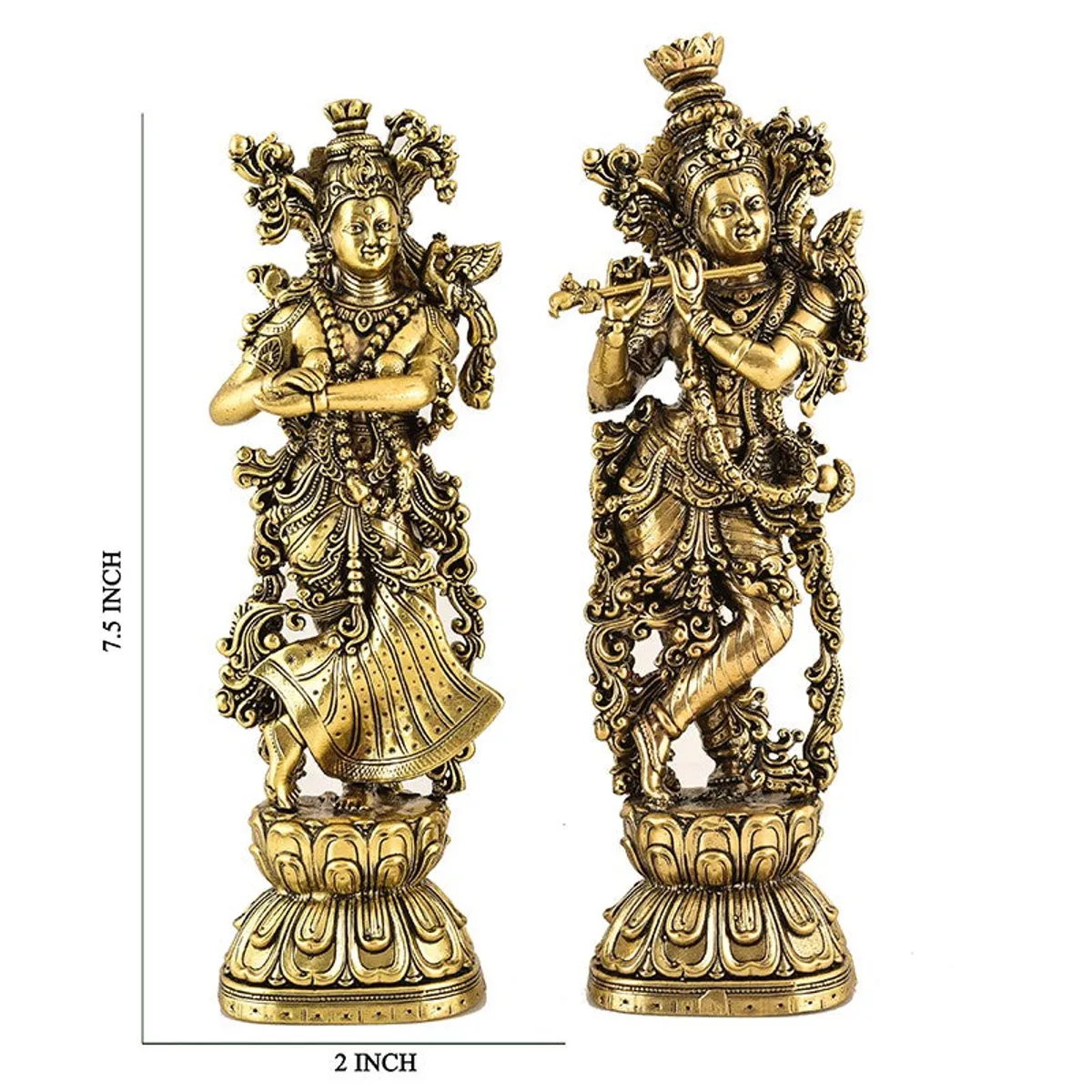 Two gold-toned Venugopala idols shown with height and width measurement guides
