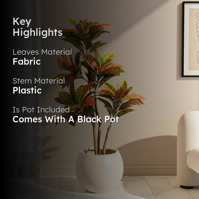 Artificial Realistic Croton Plant With Black Plastic Pot - 3.9 Feet media 2