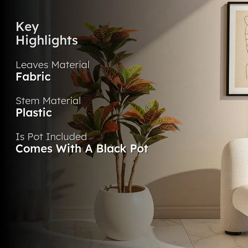 Artificial Realistic Croton Plant With Black Plastic Pot - 3.9 Feet media 2