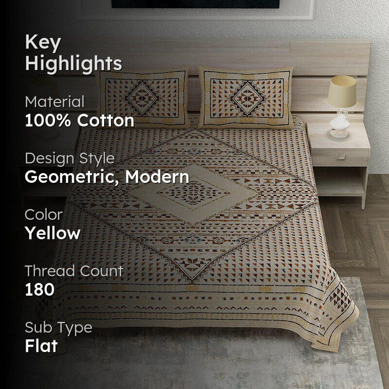 Rajasthani Nights Geometric Cotton Bedsheet (Yellow) - 150 TC media 2
