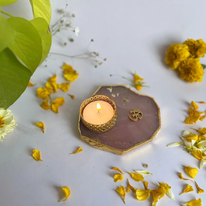 Om Handcrafted Agate Tealight Candle Holder - Rose Quartz media 4