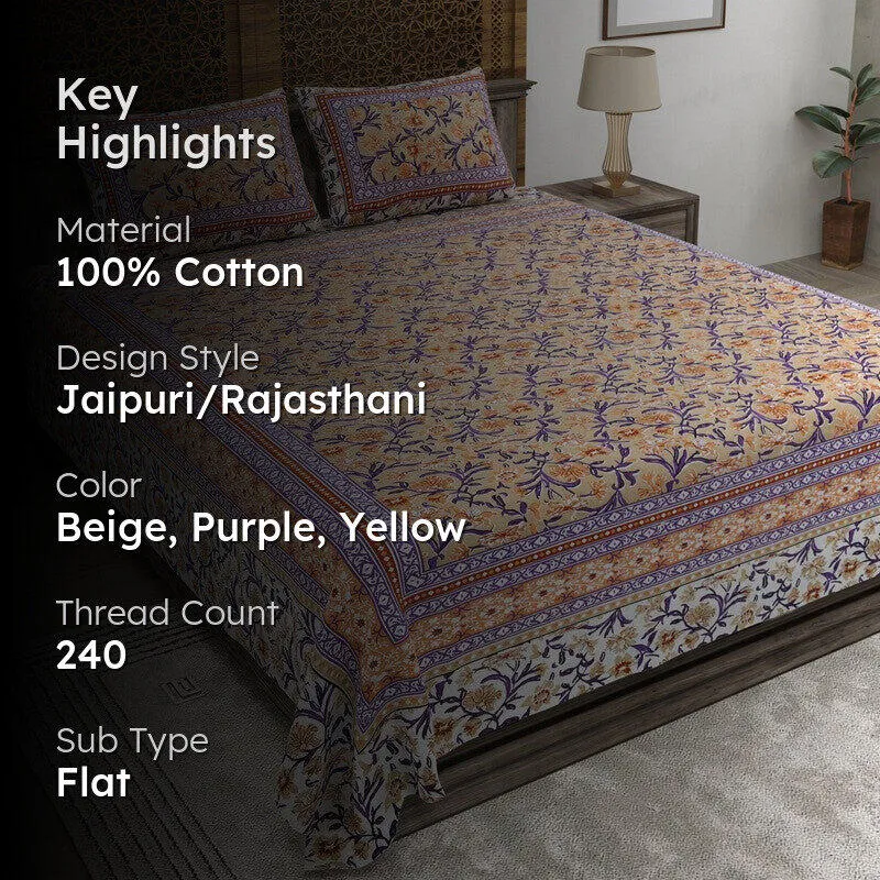 Bloomio Cotton Bedsheet (Beige, Purple, Yellow) - 240 TC media 2