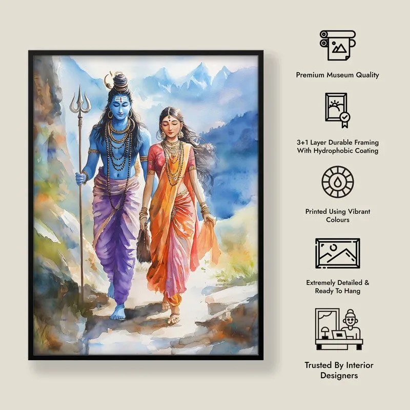 Uma Maheshwara Spiritual Archival Paper Wall Painting With Frame - Black media 8