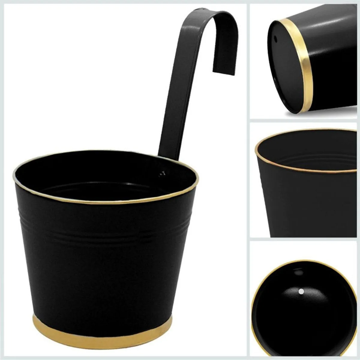 Black metal planter with hanging hook and gold trim, shown from multiple angles