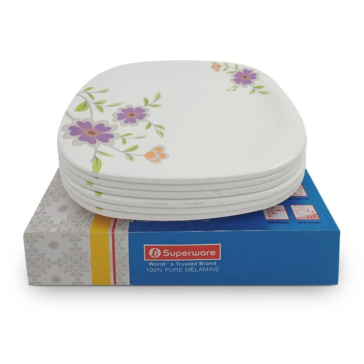 Stack of square floral plates displayed on a product box