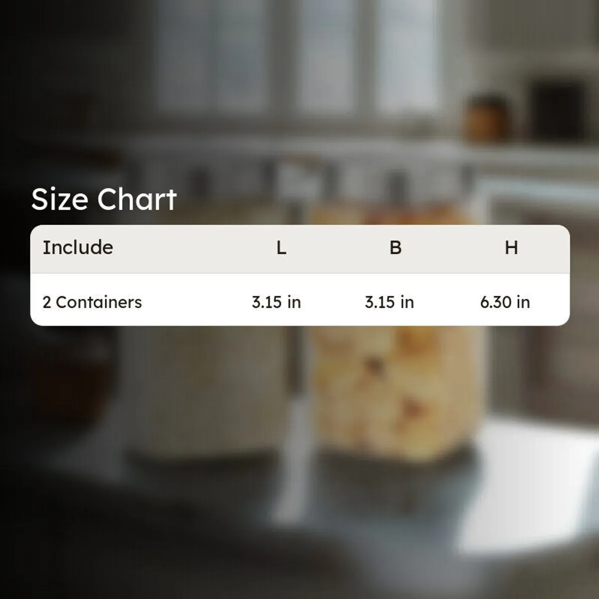 Two containers displayed in a kitchen setting with a size chart