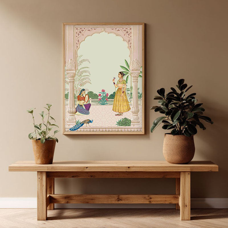 Graceful Sultana Framed Mughal Canvas Archival Canvas Wall Painting - Natural Brown Frame
