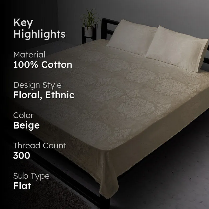 Beige floral bedsheet displayed on a bed with product highlights