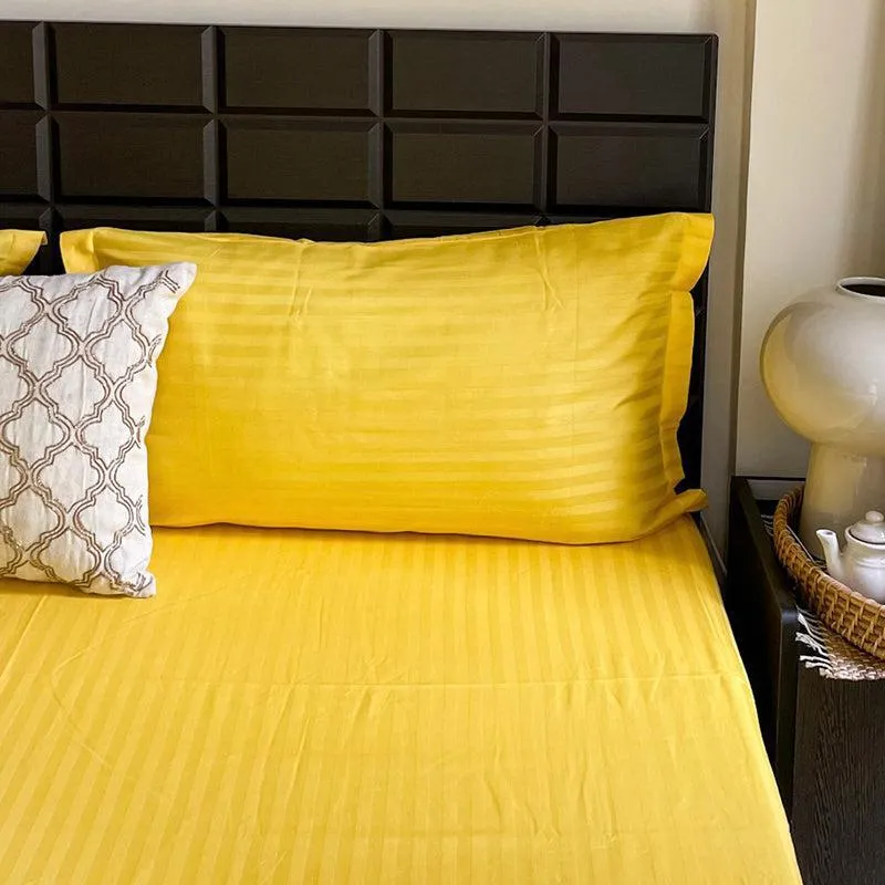 Le Coton Striped Solid Cotton Bedsheet (Yellow) - 250 TC media 6
