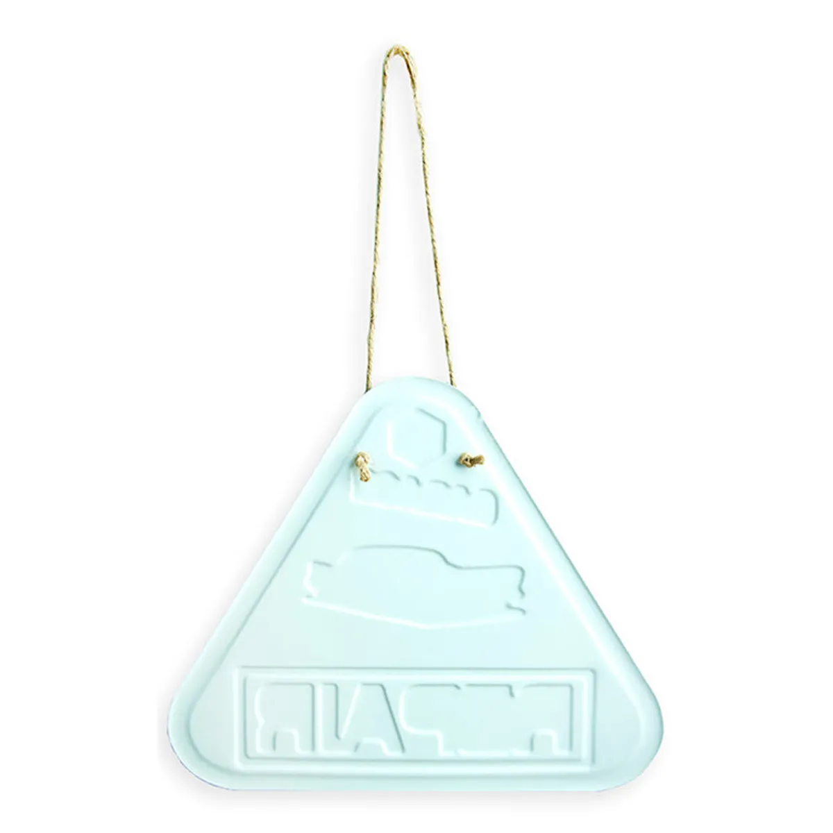 Back view of a pale triangular metal wall accent with hanging cord