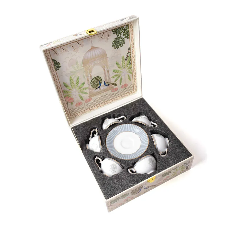 Gilded Iris 24k Gold Brushed Porcelain Tea Cup & Saucer (Grey/ 280 mL) - Set of Six media 8