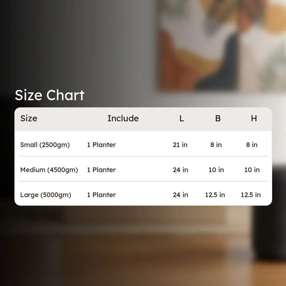 Brown planter in the background with a size chart showing three sizes.