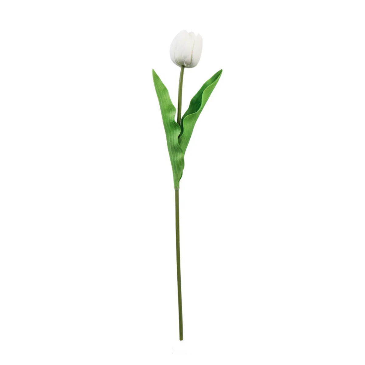 Single white artificial tulip flower stick with green leaves