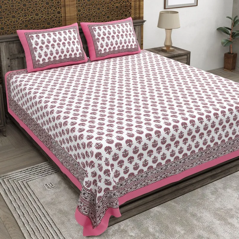 Designio Cotton Bedsheet (Pink,White) - 240 TC media 1