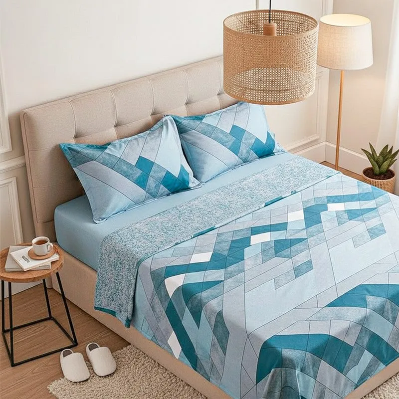 Jora Geometric Cotton Bedsheet (Turquoise) - 144 TC media 3