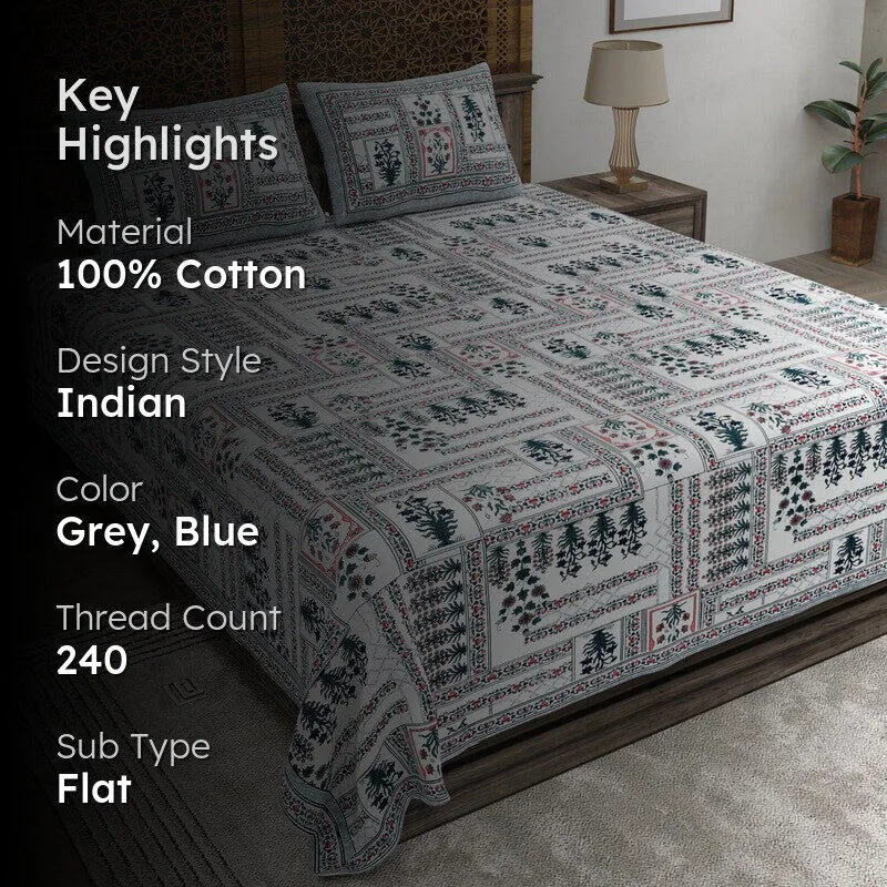 Designet Cotton Bedsheet (Grey,Blue) - 240 TC media 2